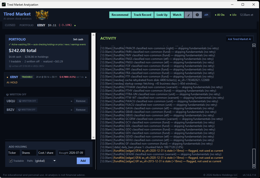 Main screen with portfolio and activity feed